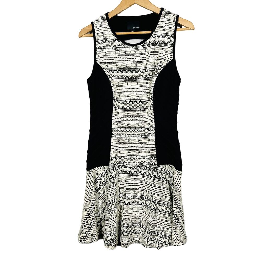 Greylin Knit Fit & Flare Dress Sleeveless SW Stretch Black White - S